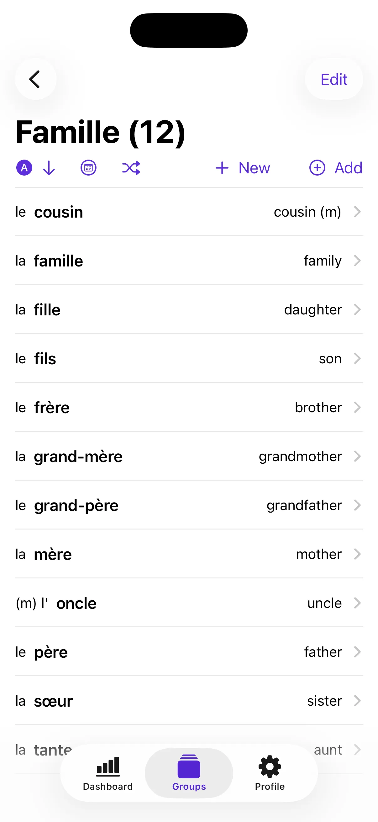 French group detail screen